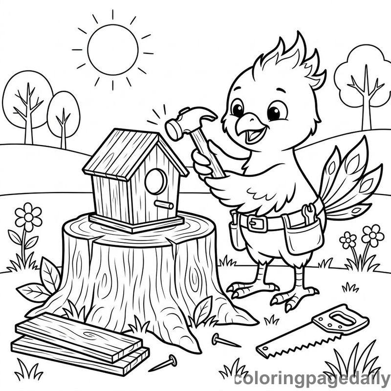 Phoenix Chick Building Birdhouse - Daily printable coloring page in Mythical Creature category