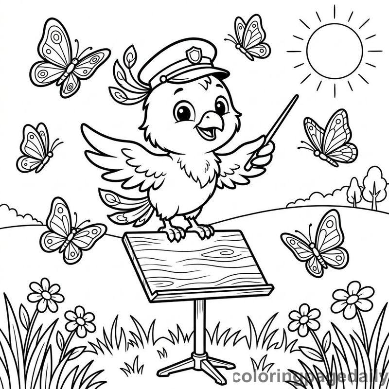 Phoenix Chick Conducting Butterflies - Daily printable coloring page in Mythical Creature category