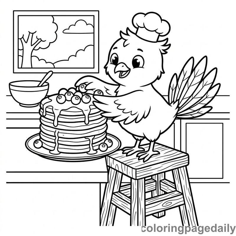 Phoenix Chick Decorating Pancakes - Daily printable coloring page in Mythical Creature category