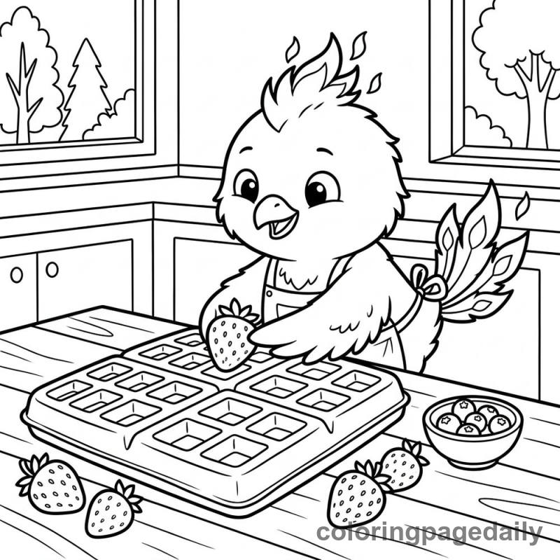 Phoenix Chick Decorating Waffle - Daily printable coloring page in Mythical Creature category