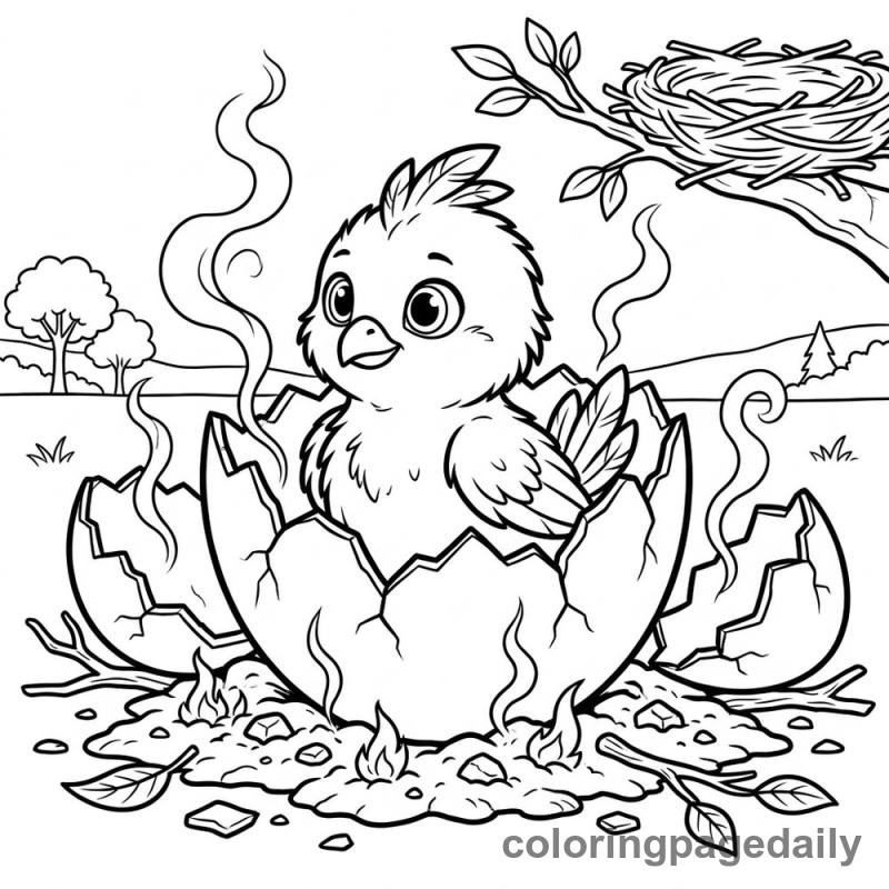 Phoenix Chick's First Look - Daily printable coloring page in Mythical Creature category