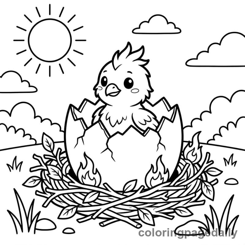 Phoenix Chick Hatching - Daily printable coloring page in Mythical Creature category