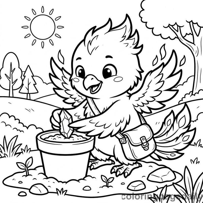 Phoenix Chick Planting Crystal - Daily printable coloring page in Mythical Creature category