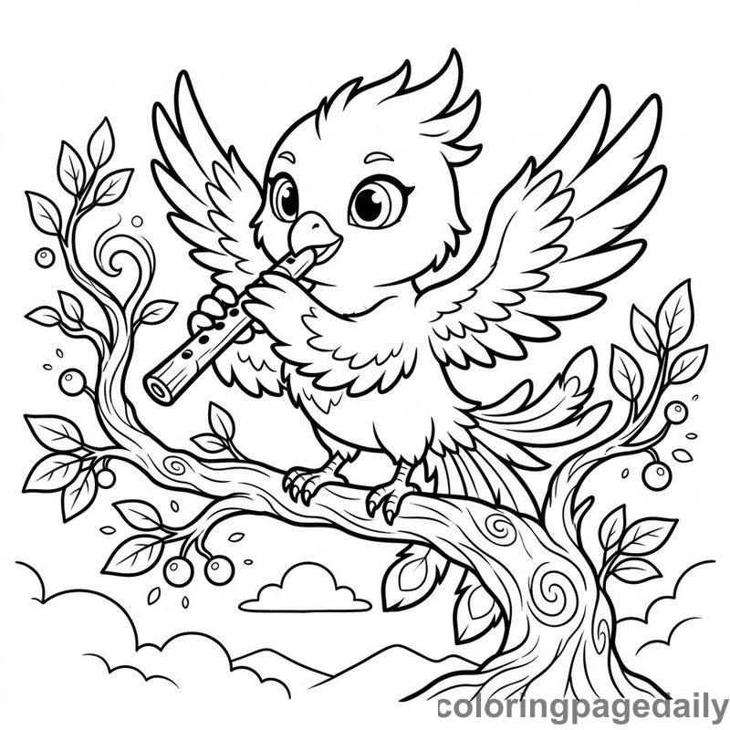 Phoenix Chick Playing Flute - Daily printable coloring page in Mythical Creature category