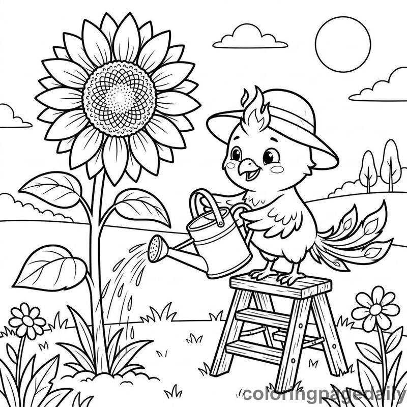 Phoenix Chick Watering Sunflower - Daily printable coloring page in Mythical Creature category