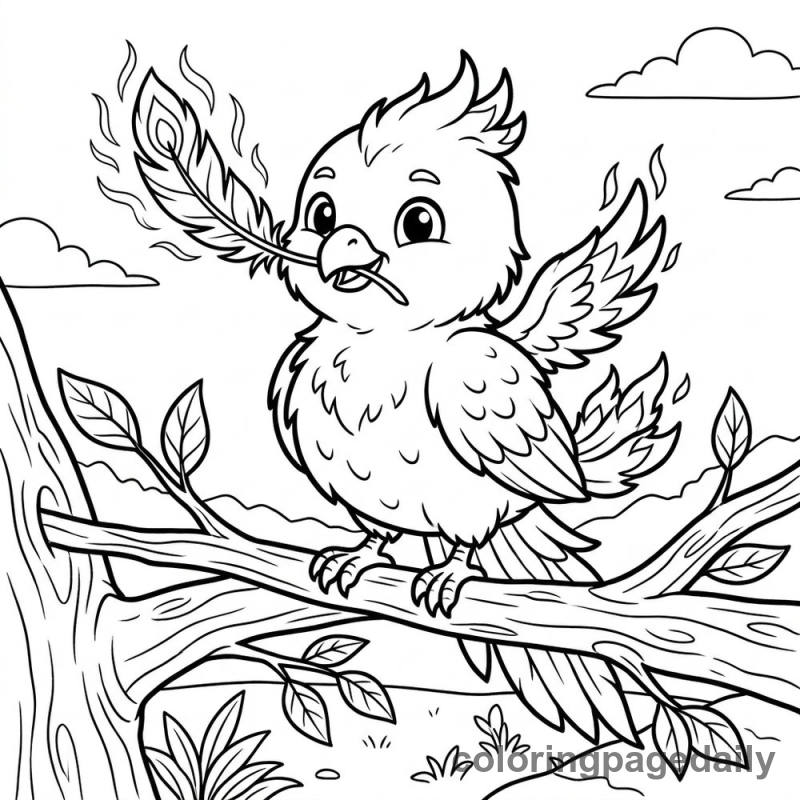 Phoenix Chick's First Glowing Feather - Daily printable coloring page in Mythical Creature category
