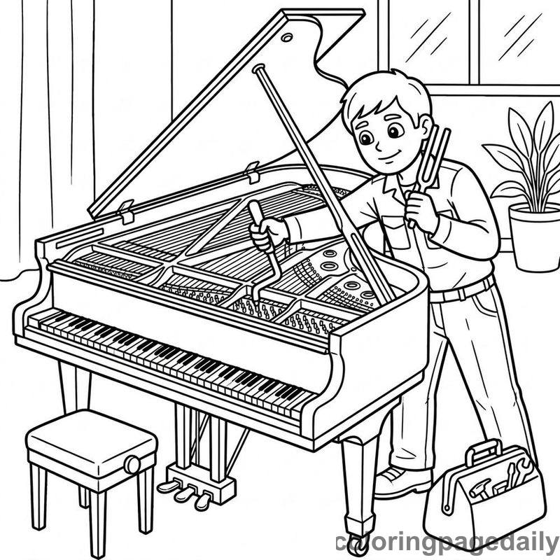 Piano Tuner Adjusting Strings - Daily printable coloring page in Professions category