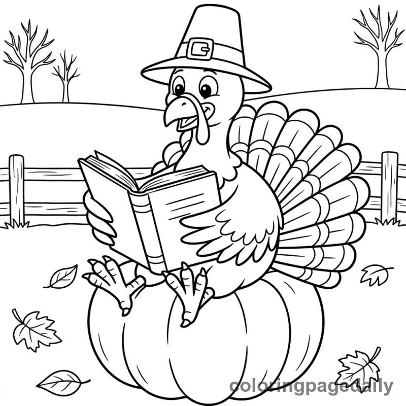 Pilgrim Turkey Reading - Daily printable coloring page in Thanksgiving category