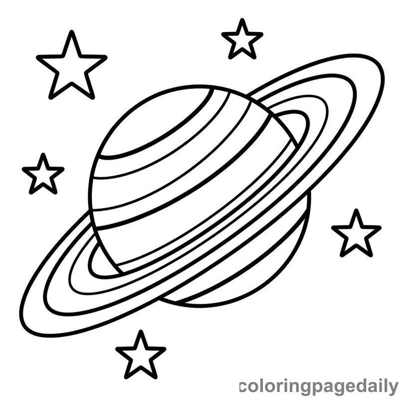 Planet Saturn In Space - Daily printable coloring page in Space category