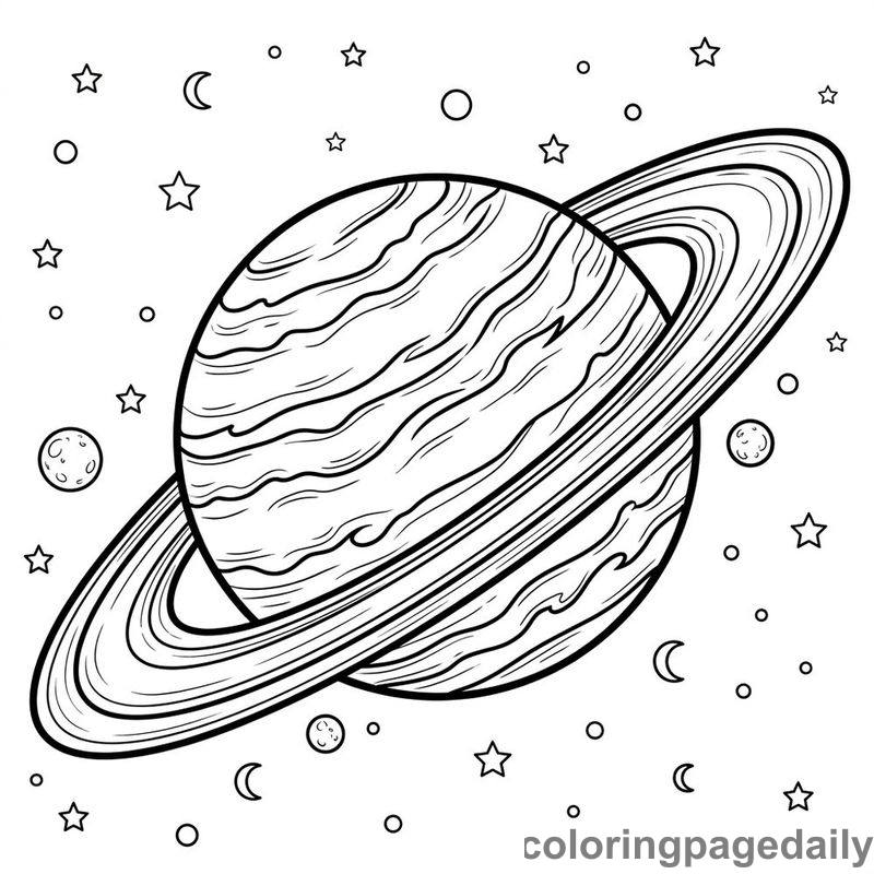 Planet Saturn In Space - Daily printable coloring page in Space category