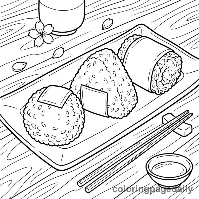 A Plate of Japanese Onigiri - Daily printable coloring page in Food category