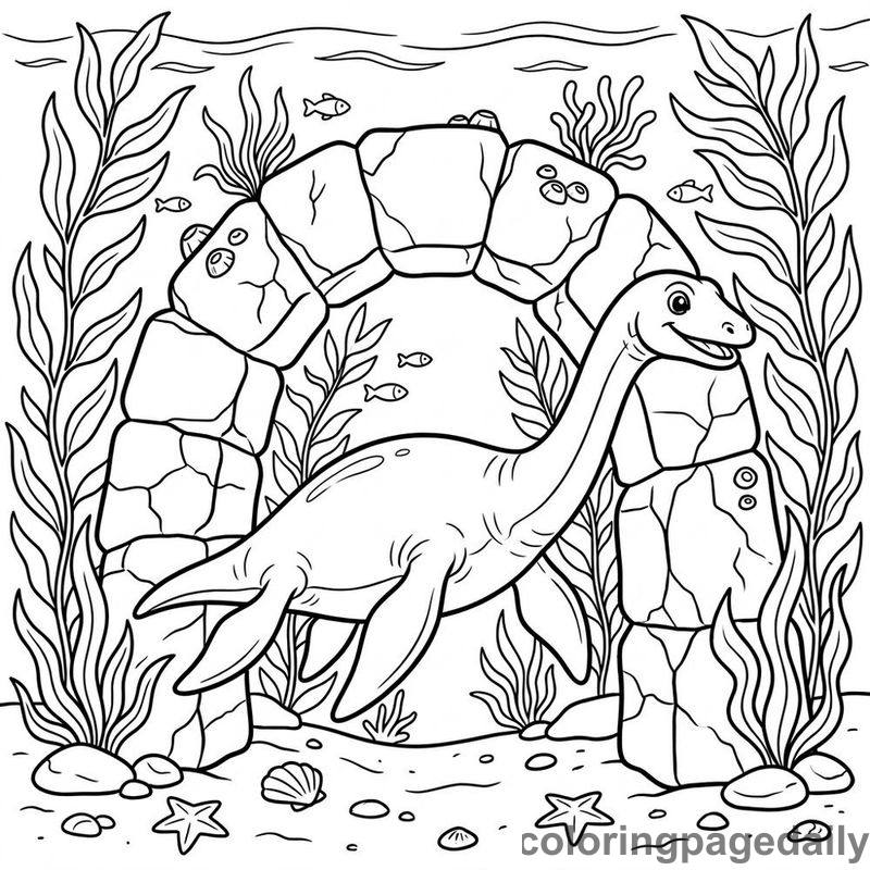 Plesiosaur Swimming Through Rock Arch - Daily printable coloring page in Dinosaur category