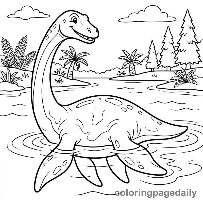 Plesiosaurus Swimming Gracefully - Daily printable coloring page in Dinosaur category