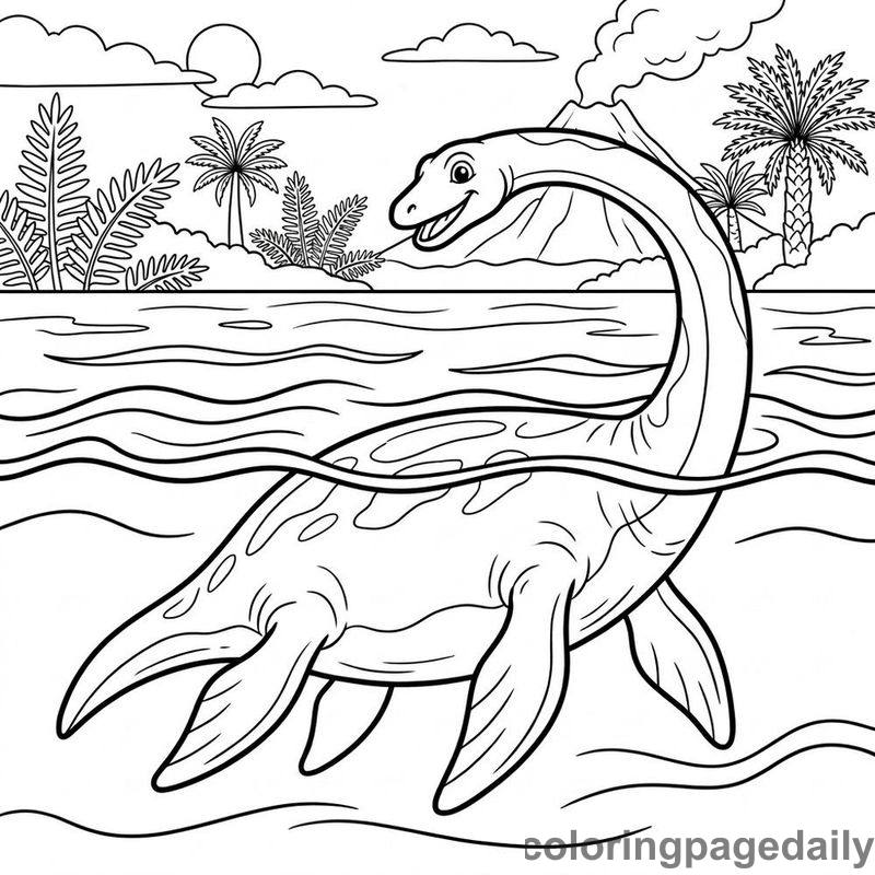 Plesiosaurus Swimming Surface - Daily printable coloring page in Dinosaur category
