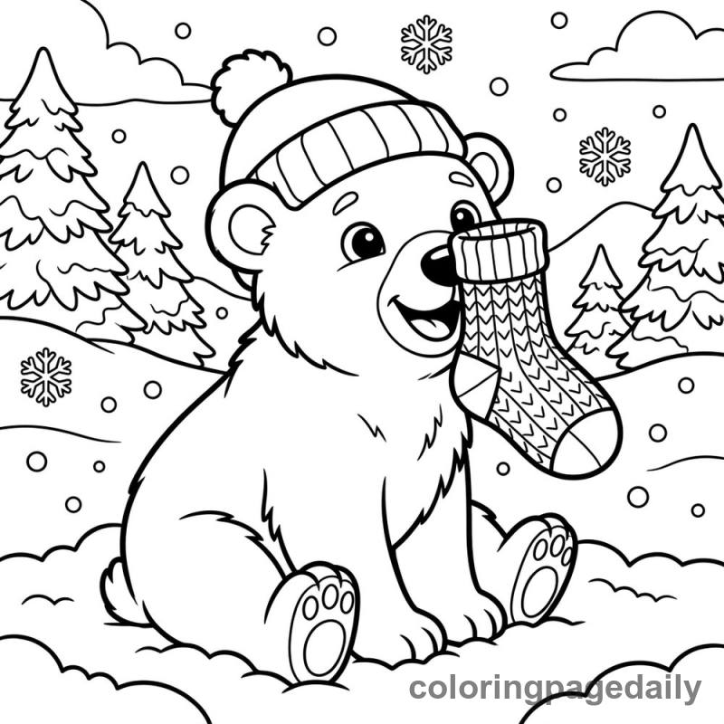Polar Bear Balancing Winter Sock - Daily printable coloring page in Winter and Snow Season category