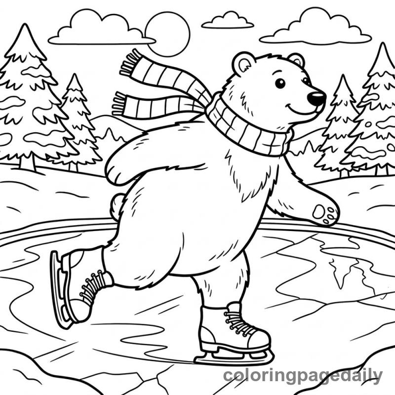 Polar Bear Ice Skating - Daily printable coloring page in Winter and Snow Season category