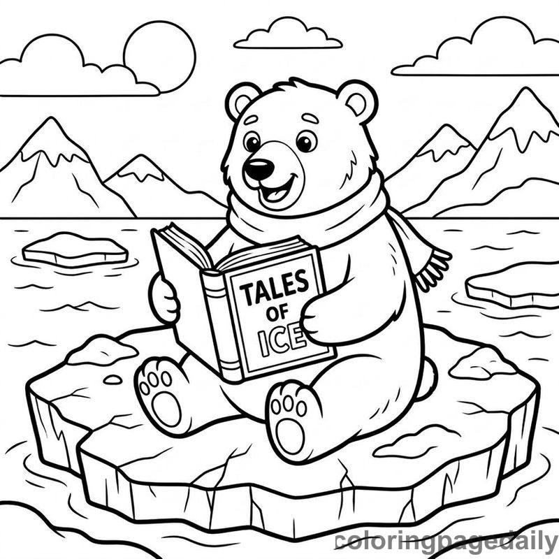 Polar Bear Reading Book - Daily printable coloring page in Winter and Snow Season category