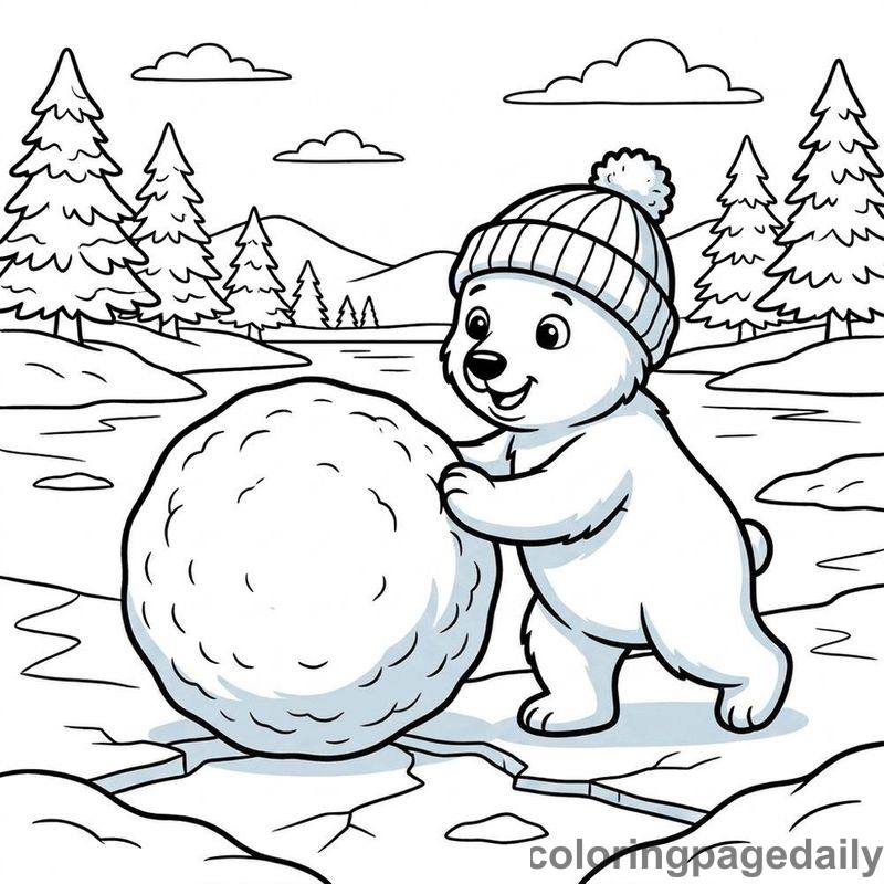 Polar Bear Rolling Snowball - Daily printable coloring page in Winter and Snow Season category