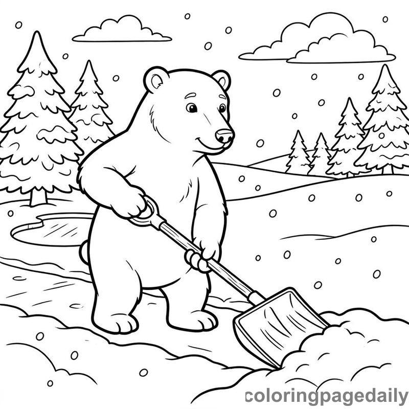 Polar Bear Shoveling Snow - Daily printable coloring page in Winter and Snow Season category
