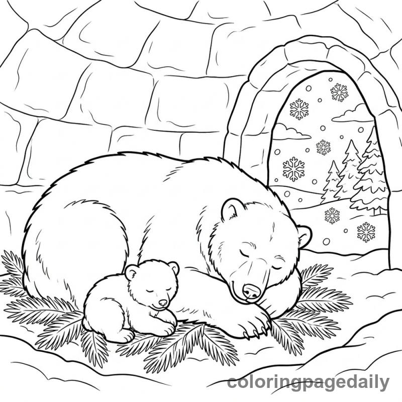 Polar Bears Sleeping in Den - Daily printable coloring page in Winter and Snow Season category