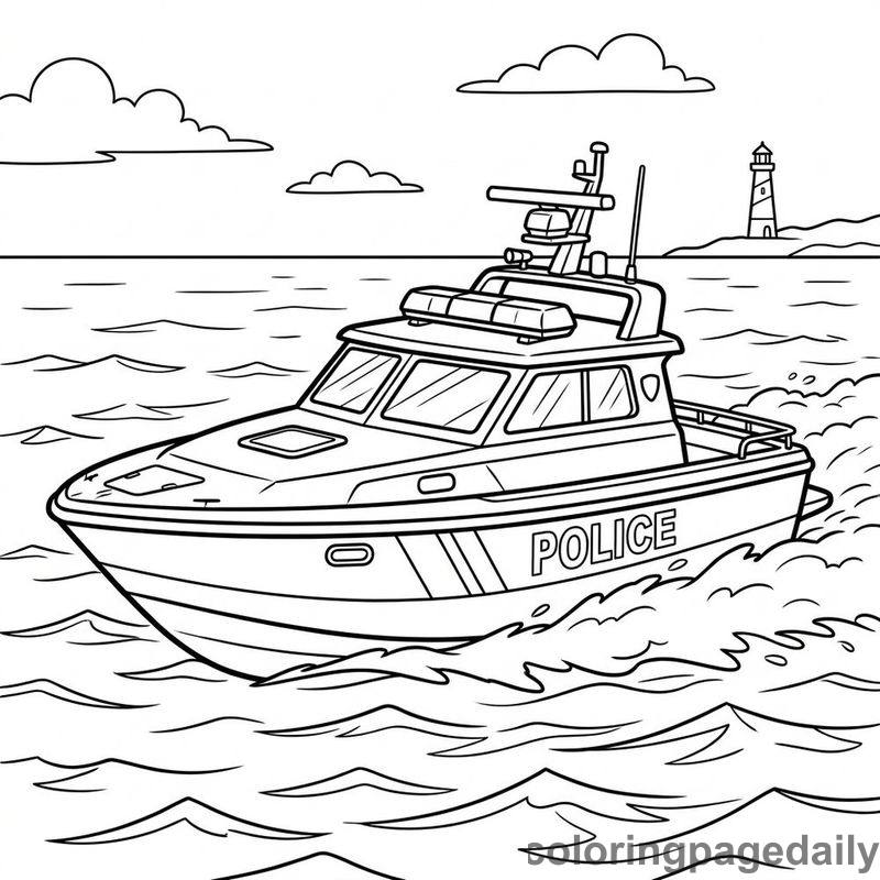 Police Patrol Boat Cruising - Daily printable coloring page in Vehicle category