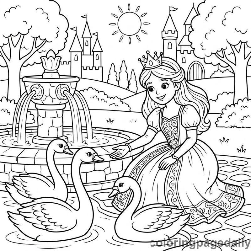 Princess Feeding Royal Swans - Daily printable coloring page in Fairy Tales category