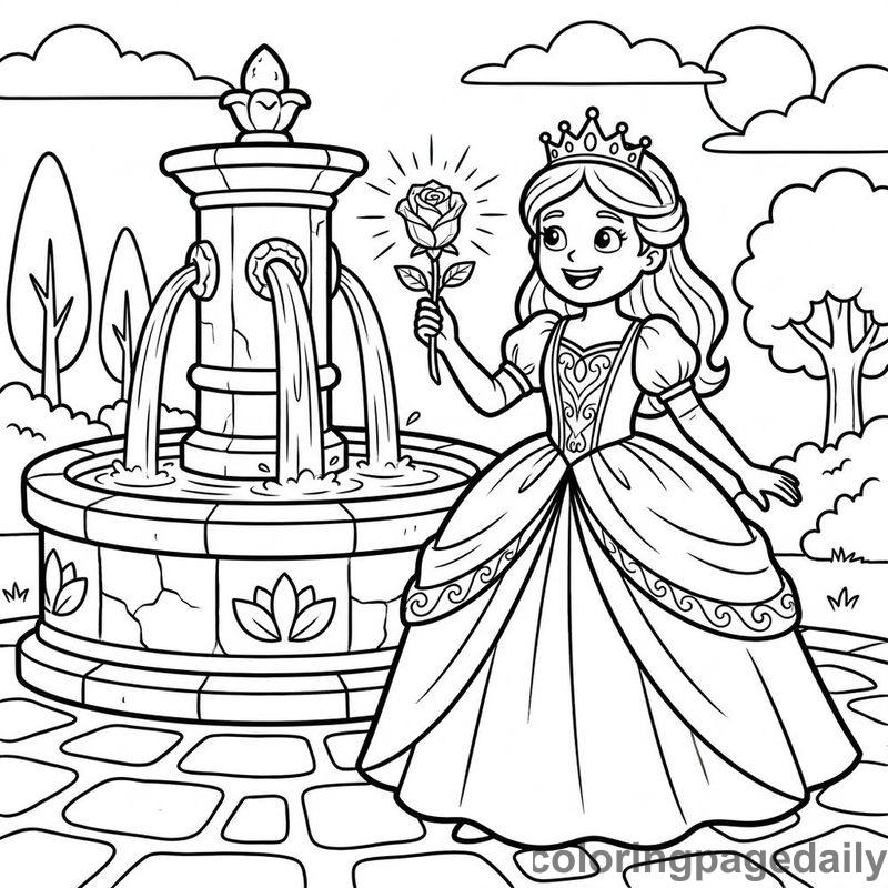 The Princess and the Radiant Crystal Rose - story illustration coloring page
