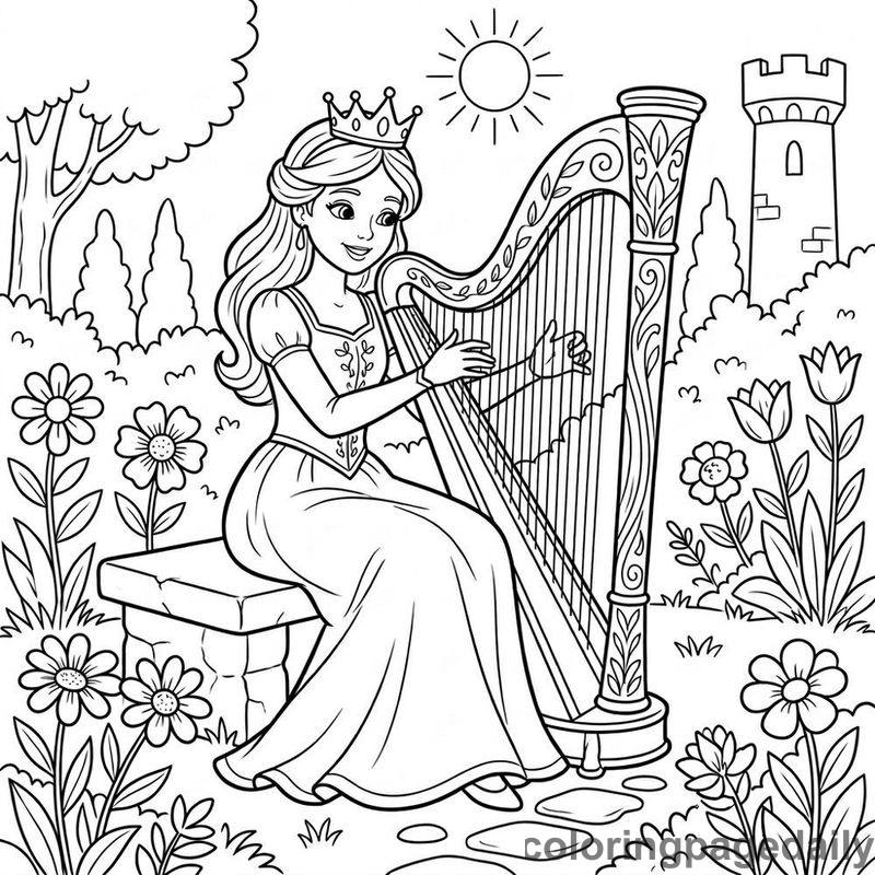 Princess Playing Wooden Harp - Daily printable coloring page in Fairy Tales category