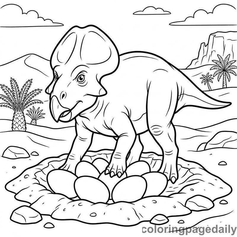 Protoceratops Guarding Eggs - Daily printable coloring page in Dinosaur category