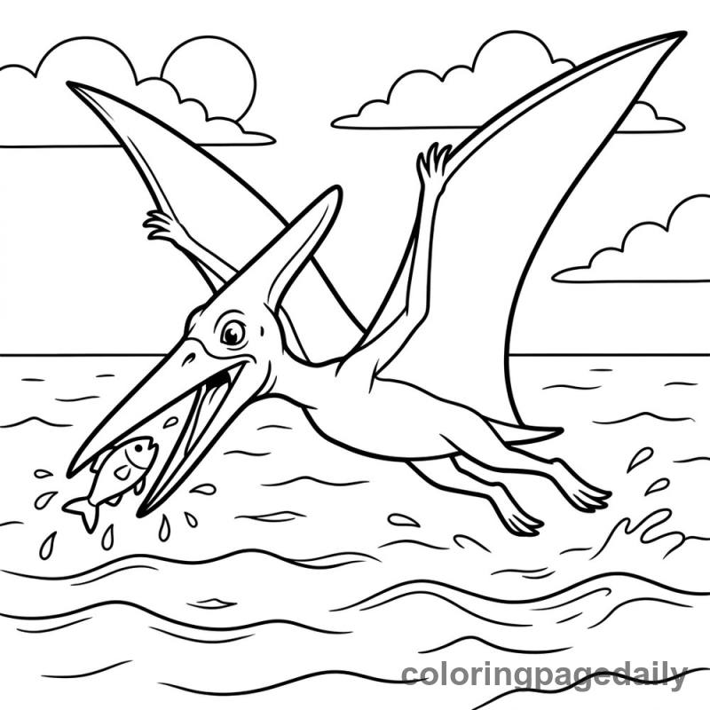 Pteranodon Catching a Fish - Daily printable coloring page in Dinosaur category