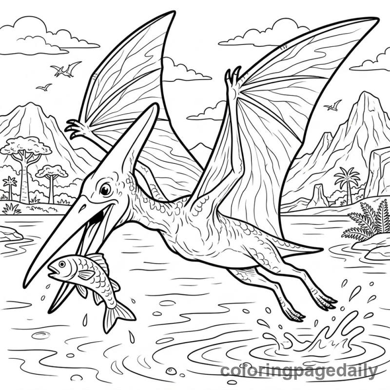 Pteranodon Catching Fish - Daily printable coloring page in Dinosaur category