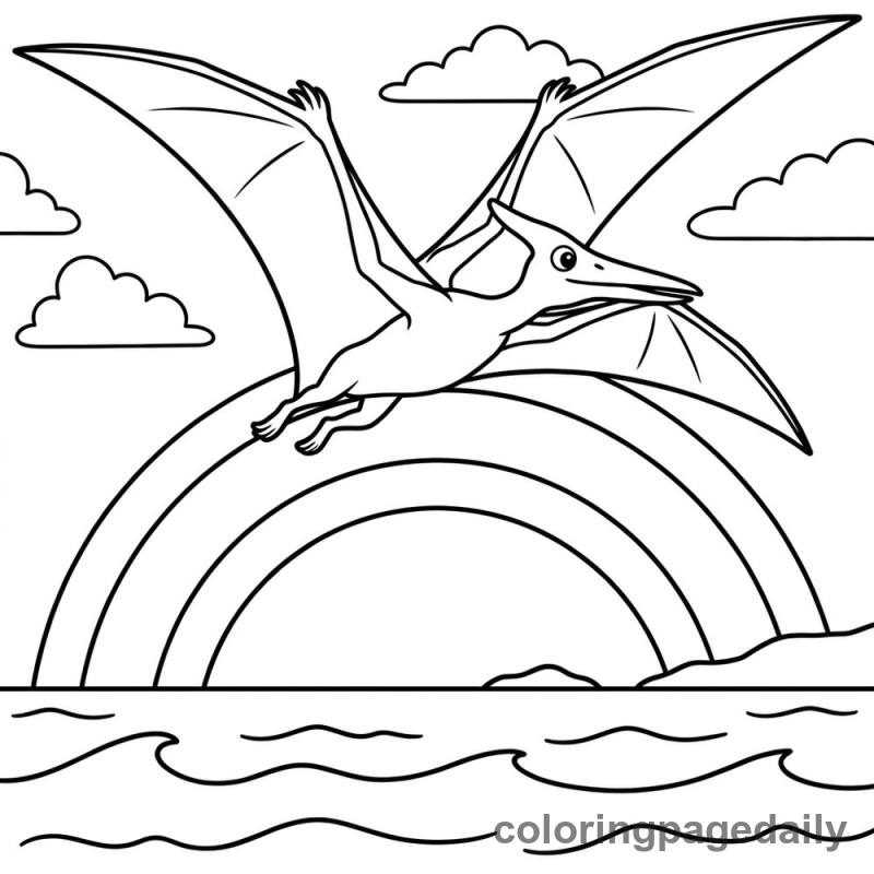 Pteranodon Gliding Past Rainbow - Daily printable coloring page in Dinosaur category