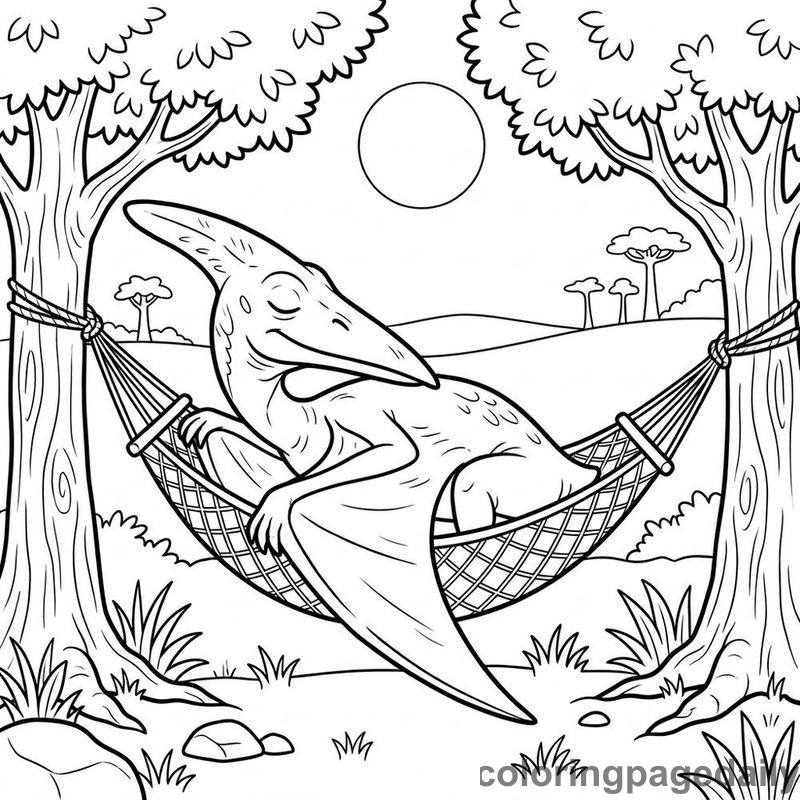 Pteranodon In Hammock - Daily printable coloring page in Dinosaur category