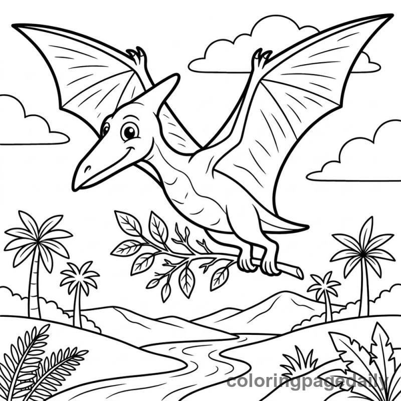 Pterodactyl Carrying Branch - Daily printable coloring page in Dinosaur category