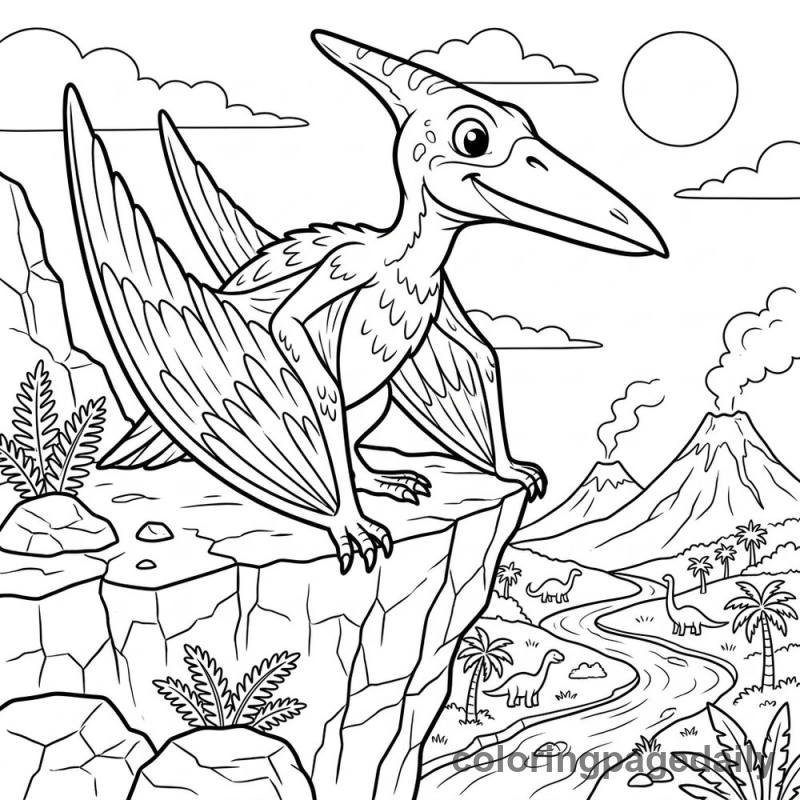 Pterodactyl Perched on Cliff - Daily printable coloring page in Dinosaur category