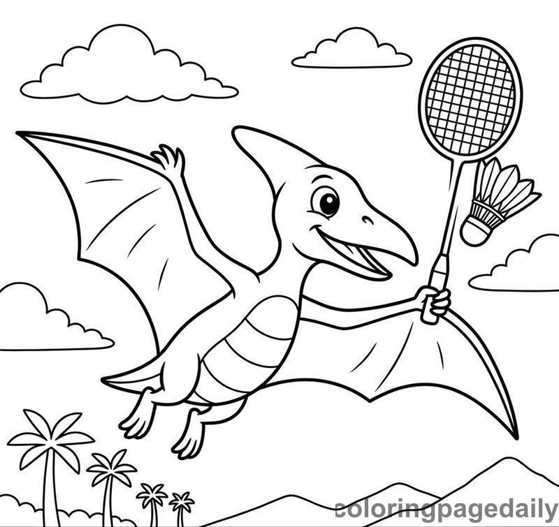 Pterodactyl Playing Badminton - Daily printable coloring page in Dinosaur category