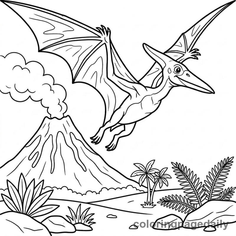Pterodactyl Volcano Flight - Daily printable coloring page in Dinosaur category