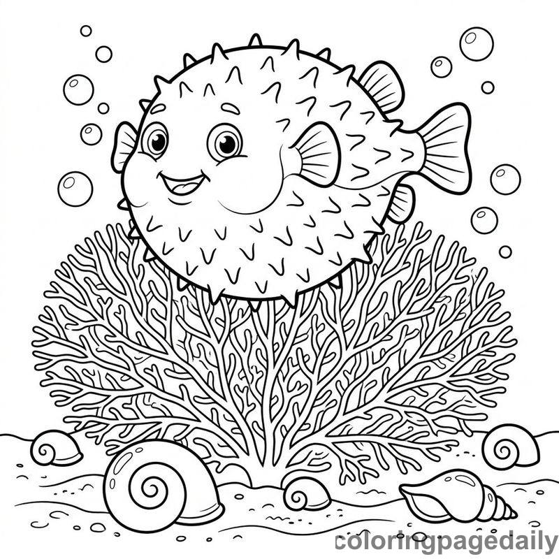 Pufferfish Over Fan Coral - Daily printable coloring page in Ocean and Underwater Life category