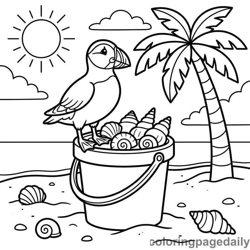 Puffin Exploring Beach Bucket - Daily printable coloring page in Ocean and Underwater Life category