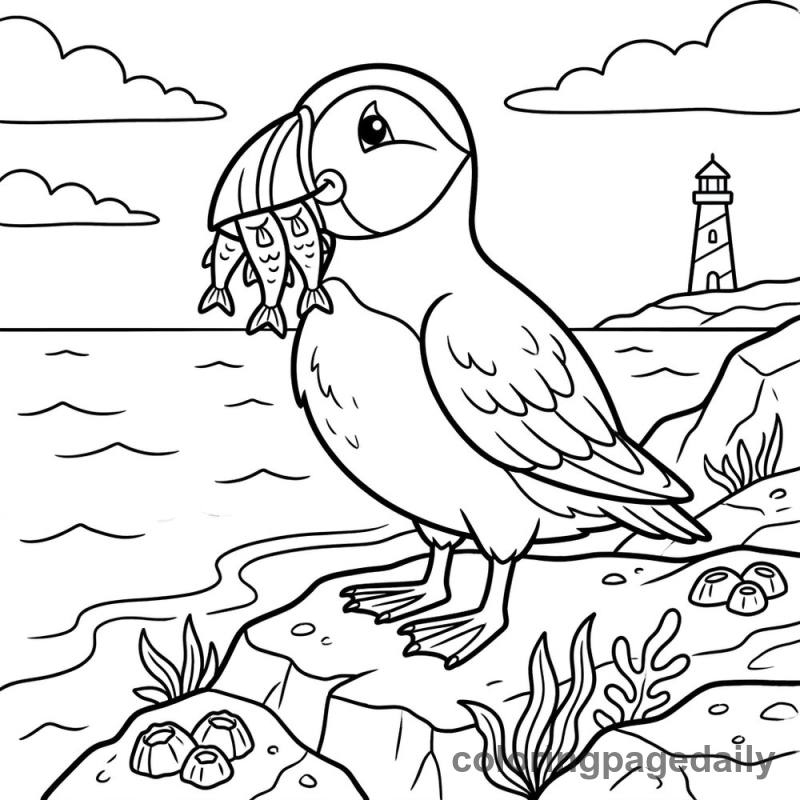 Puffin's Perfect Fish Catch - Daily printable coloring page in Ocean and Underwater Life category