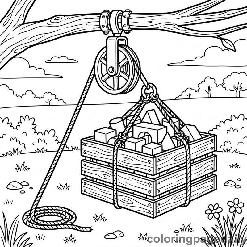 Pulley Wheel Hoisting Wooden Crate - Daily printable coloring page in Robots and STEM category
