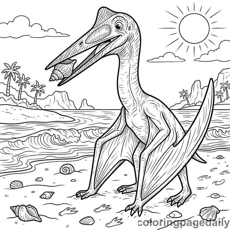 Quetzalcoatlus Exploring Beach Shells - Daily printable coloring page in Dinosaur category