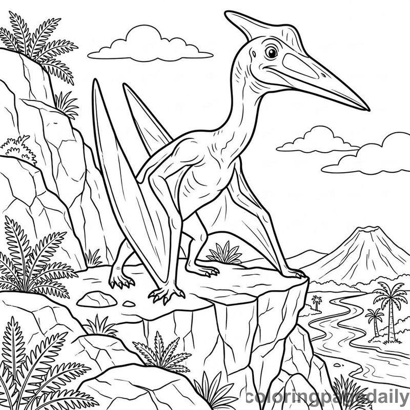 Quetzalcoatlus On Rocky Cliff - Daily printable coloring page in Dinosaur category