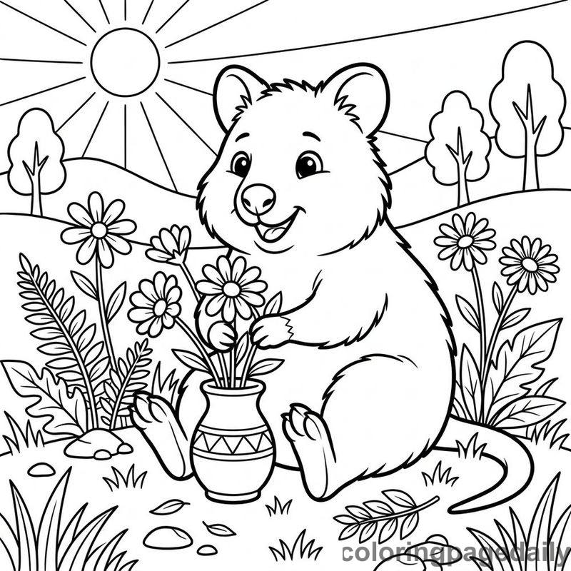 Quokka Arranging Flowers - Daily printable coloring page in Animals category