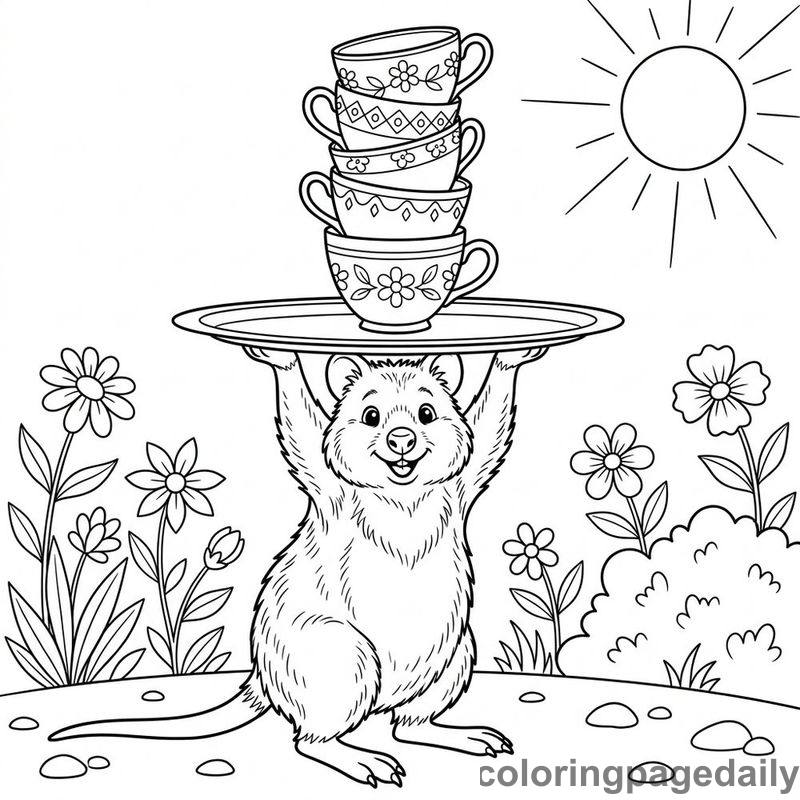 Quokka Balancing Teacups - Daily printable coloring page in Animals category