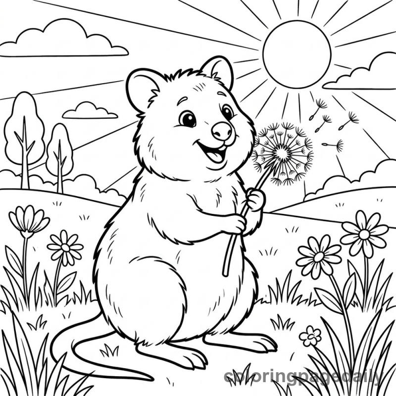 Quokka Blowing Dandelion - Daily printable coloring page in Animals category