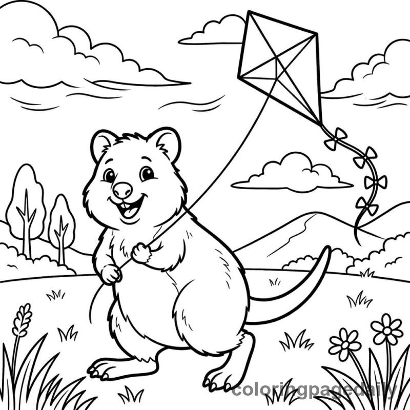 Quokka Flying A Kite - Daily printable coloring page in Animals category