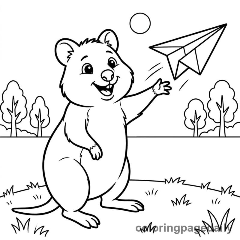 Quokka Flying Paper Airplane - Daily printable coloring page in Animals category