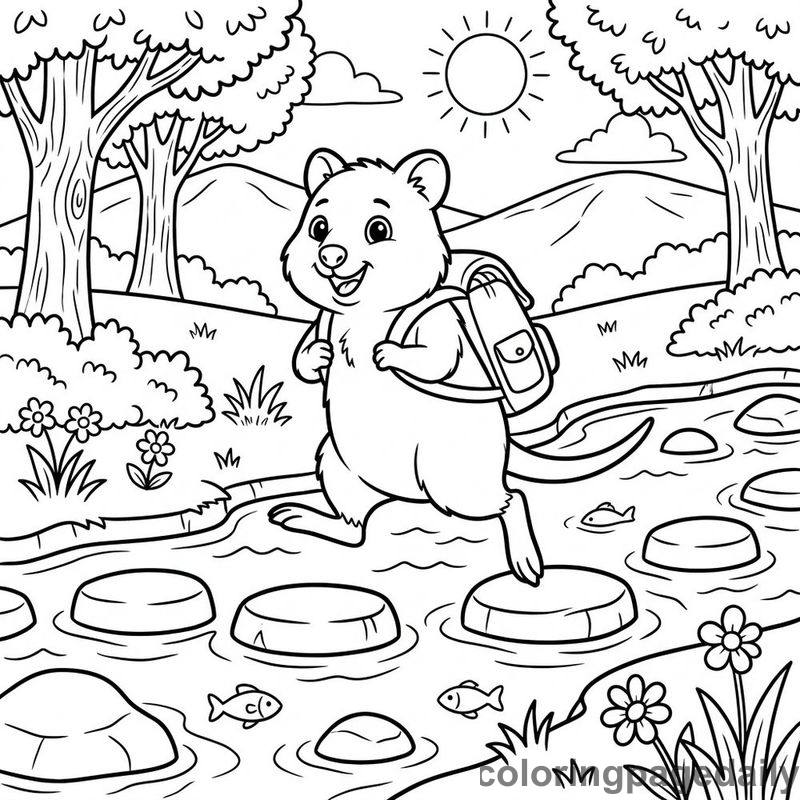 Quokka Hopping Across Stream - Daily printable coloring page in Animals category