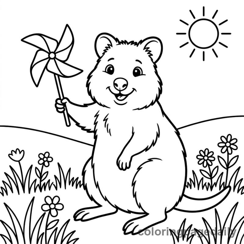 Quokka Pinwheel Fun - Daily printable coloring page in Animals category